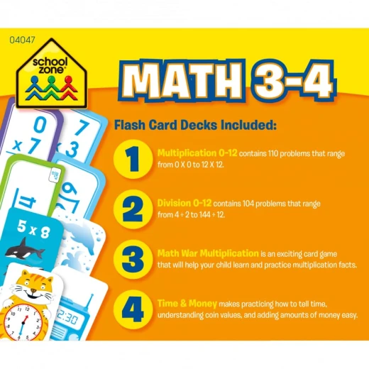 School Zone Math Flash Cards 4 Pack Bundle: Multiplication, Division, Telling Time & Managing Money for Grades 3 & 4 Students - School Zone - Image 2