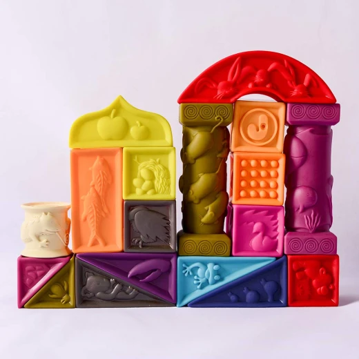 B. toys – Elemenosqueeze Baby Blocks – 26 Stacking Blocks with Shapes Numbers, Animals & Textures - B. toys - Image 4