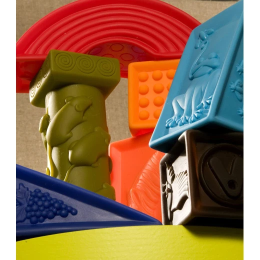B. toys – Elemenosqueeze Baby Blocks – 26 Stacking Blocks with Shapes Numbers, Animals & Textures - B. toys - Image 3