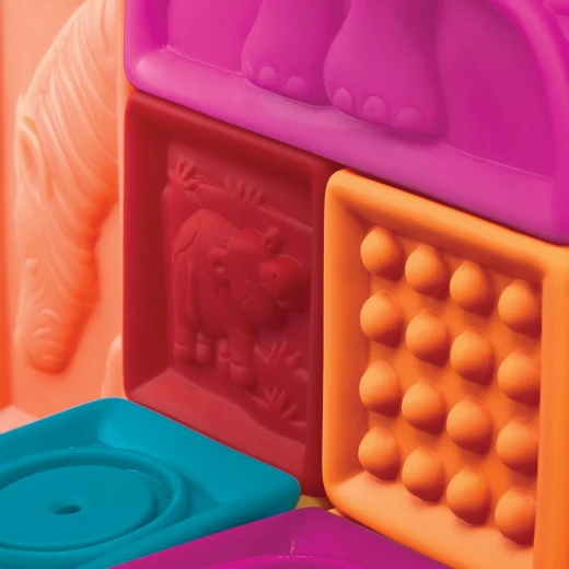 B. toys – Elemenosqueeze Baby Blocks – 26 Stacking Blocks with Shapes Numbers, Animals & Textures - B. toys - Image 2