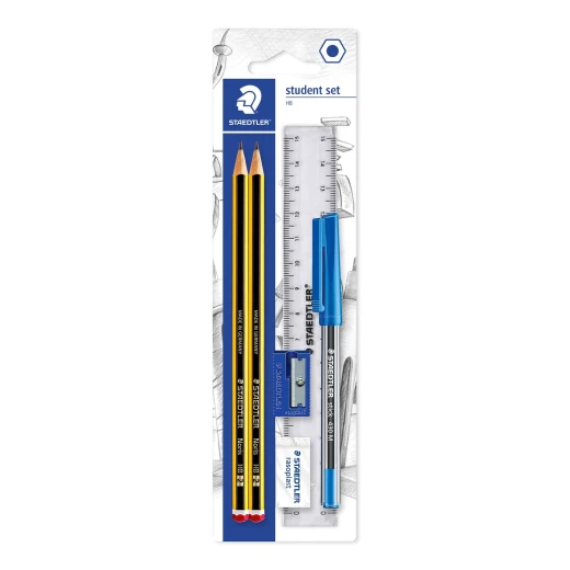 Staedtler Blistercard Containing 2 Graphite Pencils HB, 1 Eraser, 1 Sharpener, 1 Ballpoint Pen and 1 Ruler Staedtler Blistercard Containing 2 Graphite Pencils HB, 1 Eraser, 1 Sharpener, 1 Ballpoint Pen and 1 Ruler