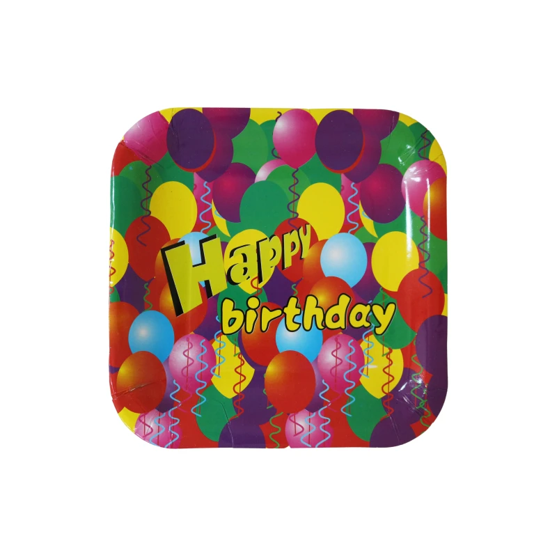 Disposable Square Plates for kids, Happy Birthday Colored Balloon  Design, 10 Pieces