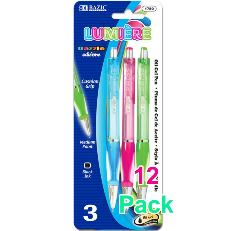 Bazic Lumiere Dazzle Black Oil-gel Ink Retractable Pen Grip (3/Pack) - Bazic