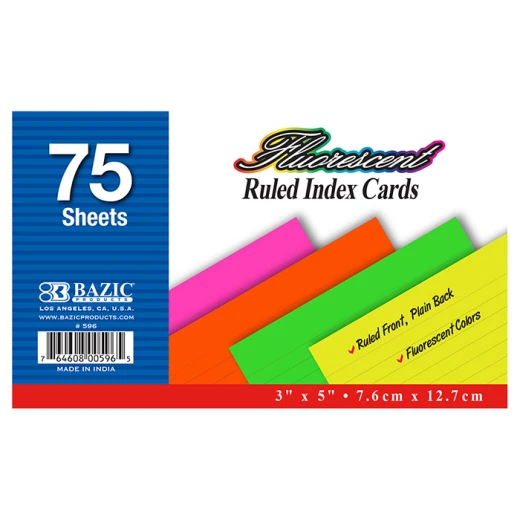 Bazic Basics Index Cards Ruled 75 Pc Fluorescent, Assorted Bazic Basics Index Cards Ruled 75 Pc Fluorescent, Assorted