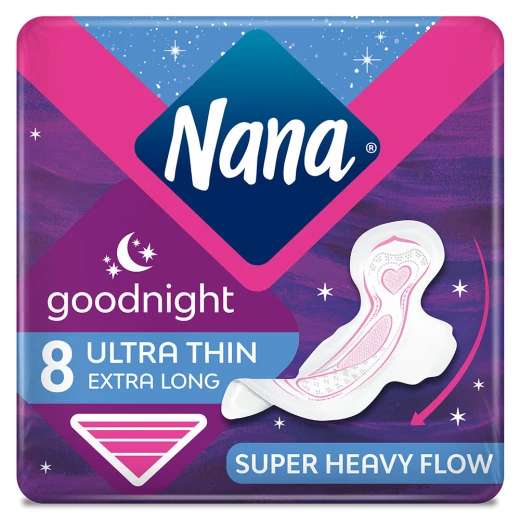Nana – Ultra Thin, Night Time, Extra Long, Heavy Flow, 8 Pads Nana – Ultra Thin, Night Time, Extra Long, Heavy Flow, 8 Pads