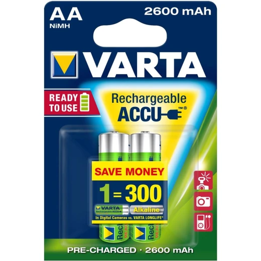 Varta Rechargeable AA2600mAh BLI2 AA battery, Silver & Green - VARTA - Image 2