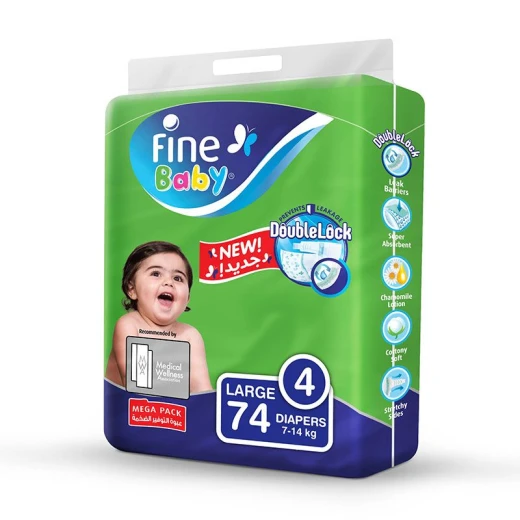 Fine Baby Diapers Mega Pack, Size 4, Large 7-14 Kg, 74 Diapers Fine Baby Diapers Mega Pack, Size 4, Large 7-14 Kg, 74 Diapers
