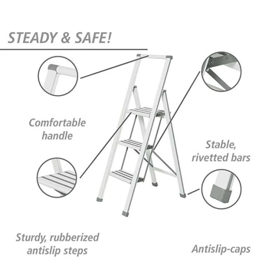 Wenko Aluminum Design Folding Stepladder 3-Step Household Ladder, Aluminum, Sliver - Wenko - Image 4