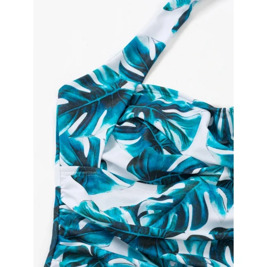Tropical Print Ruffle Hem Halter Bikini Swimsuit, Blue Color, 2 Pieces - Image 5