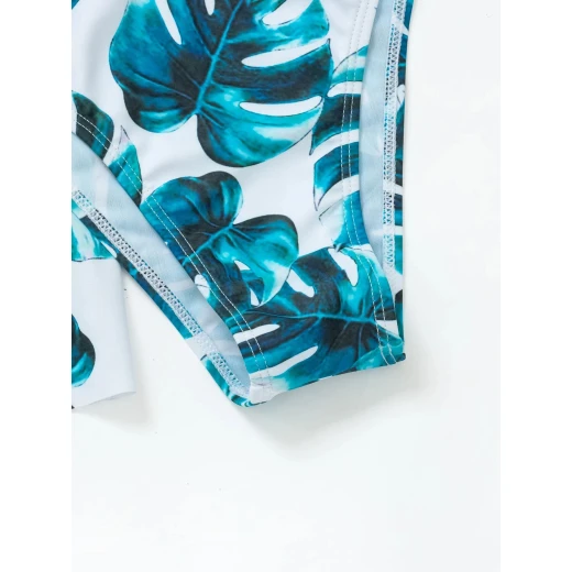 Tropical Print Ruffle Hem Halter Bikini Swimsuit, Blue Color, 2 Pieces - Image 4