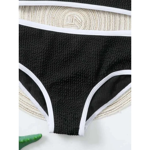 Baby Contrast Binding Textured Bikini Swimsuit, Black and White Color - Image 2