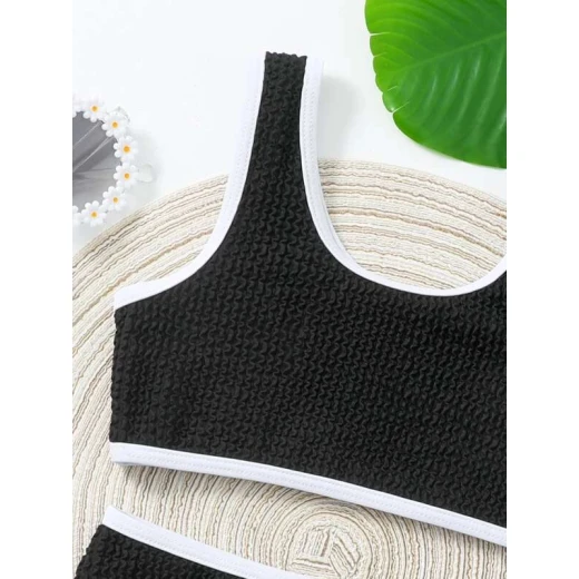 Baby Contrast Binding Textured Bikini Swimsuit, Black and White Color - Image 3