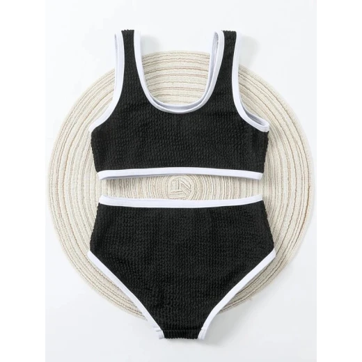 Baby Contrast Binding Textured Bikini Swimsuit, Black and White Color - Image 4
