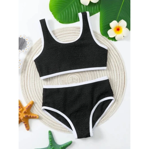Baby Contrast Binding Textured Bikini Swimsuit, Black and White Color - Image 5