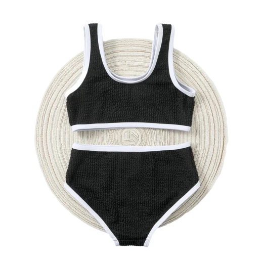 Baby Contrast Binding Textured Bikini Swimsuit, Black and White Color Baby Contrast Binding Textured Bikini Swimsuit, Black and White Color