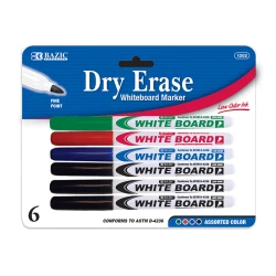 Bazic Fine Tip Dry Erase Marker, Assorted Color, 6 Pack