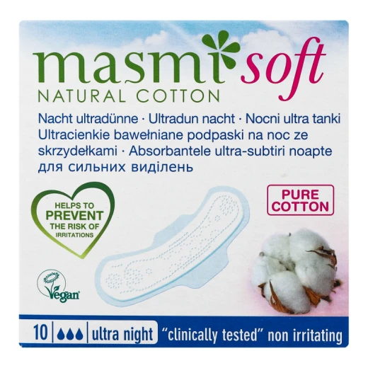 Masmi Soft Ultrathin Night Pads With Wings, Organic Cotton, 10 Pieces Masmi Soft Ultrathin Night Pads With Wings, Organic Cotton, 10 Pieces