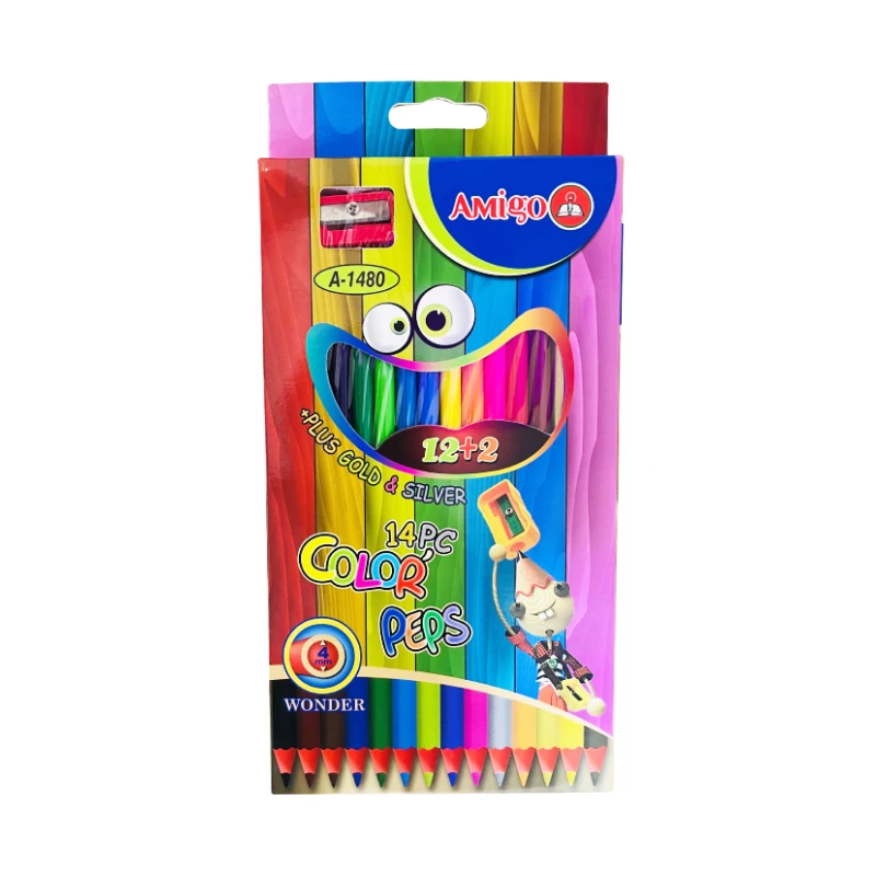 Amigo Color Peps Triangular Pencil + Free Sharpener, 14 Pieces - Amigo