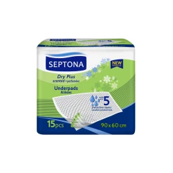 فوط صحية ومعطرة دراي بلس 90x60 سم، 15 قطعة امتصاص فائق، 5 طبقات واقية، تحييد الروائح مع تقنية SAP من سبتونا