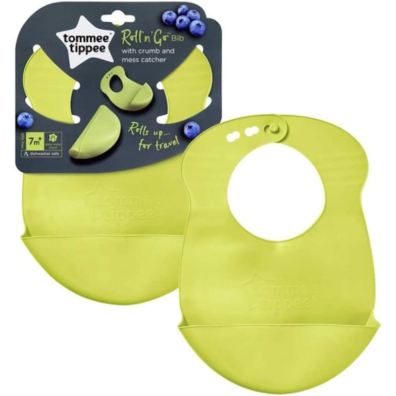 Tommee Tippee Roll & Go Silicone Baby Bib (7m+) Crumb Catcher, Easy Clean, BPA Free Light Green - Tommee Tippee