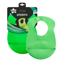 Tommee Tippee Roll & Go Silicone Baby Bib (7m+) Crumb Catcher, Easy Clean, BPA Free Green
