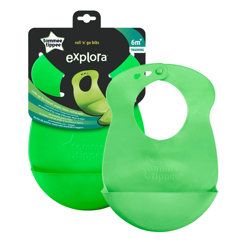 Tommee Tippee Roll & Go Silicone Baby Bib (7m+) Crumb Catcher, Easy Clean, BPA Free Green - Tommee Tippee