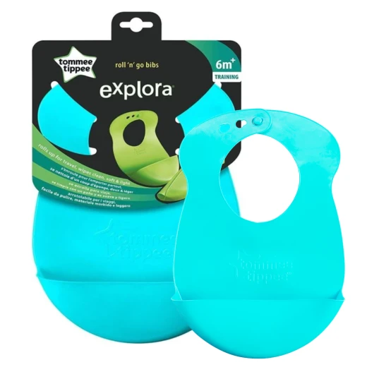 Tommee Tippee Roll & Go Silicone Baby Bib (7m+) Crumb Catcher, Easy Clean, BPA Free Light Blue