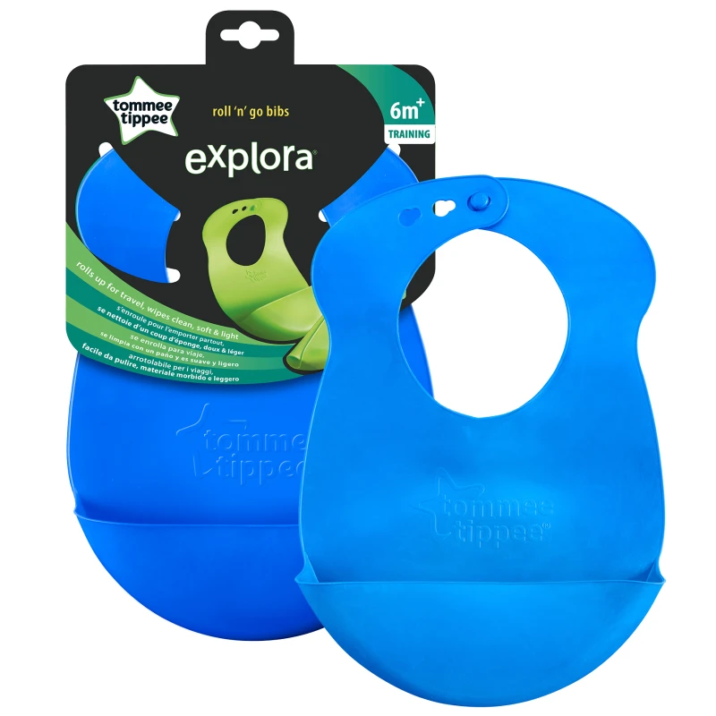 Tommee Tippee Roll & Go Silicone Baby Bib (7m+) Crumb Catcher, Easy Clean, BPA Free Blue - Tommee Tippee