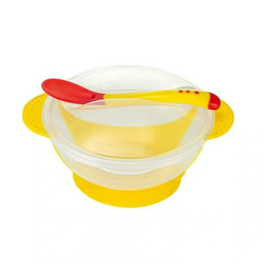 Baby Feeding Suction Bowl Set With Slip-resistant Sensing Spoon, Yellow Color Baby Feeding Suction Bowl Set With Slip-resistant Sensing Spoon, Yellow Color