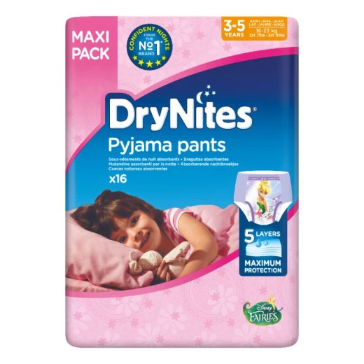 Huggies DryNites Pants Maxi for Girls, 3-5 Years, 16-23 Kg,16 Pieces, Disney Fairies Design Huggies DryNites Pants Maxi for Girls, 3-5 Years, 16-23 Kg,16 Pieces, Disney Fairies Design