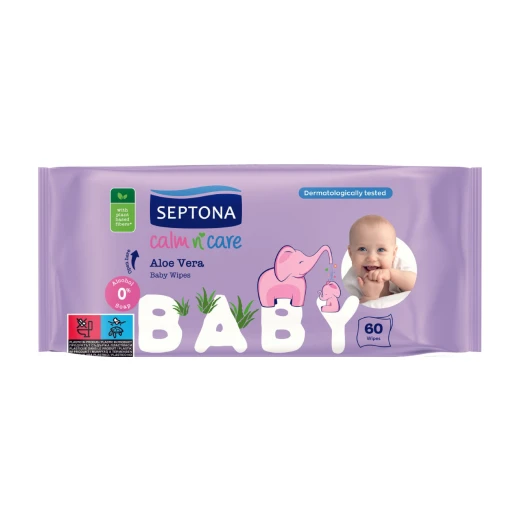 Septona Baby Wipes With Aloe Vera, 60 Pieces Septona Baby Wipes With Aloe Vera, 60 Pieces