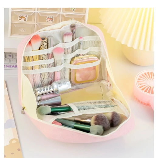 Beige Makeup Brush Case Organizer Large Capacity Cosmetic Bag for Travel and Home Storage - Image 2