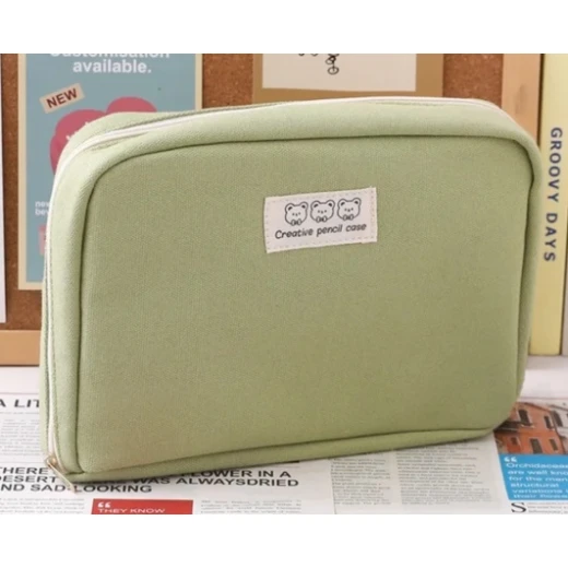 Unbranded Green Canvas Pencil Case Makeup Pouch School Office Organizer Large Capacity - Unbranded - Image 2