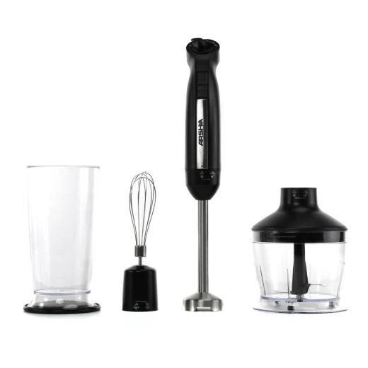 Arshia 3-in-1 Hand Blender – 1000W Power – 5 Speed Settings with Turbo Function – Elegant Black Design – Stainless Steel Blades – Blender, Chopper & Whisk Attachments Arshia 3-in-1 Hand Blender – 1000W Power – 5 Speed Settings with Turbo Function – Elegant Black Design – Stainless Steel Blades – Blender, Chopper & Whisk Attachments