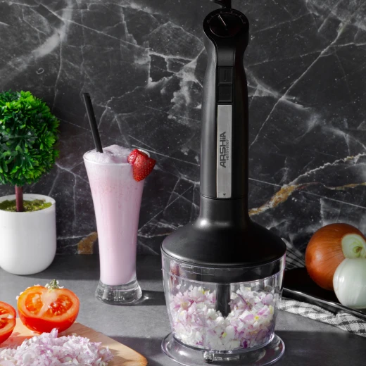 Arshia 3-in-1 Hand Blender – 1000W Power – 5 Speed Settings with Turbo Function – Elegant Black Design – Stainless Steel Blades – Blender, Chopper & Whisk Attachments - Arshia - Image 2