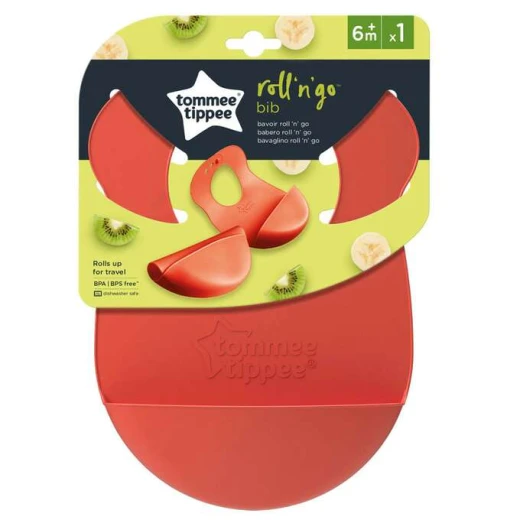 Tommee Tippee Roll & Go Silicone Baby Bib (7m+) Crumb Catcher, Easy Clean, BPA Free Orange