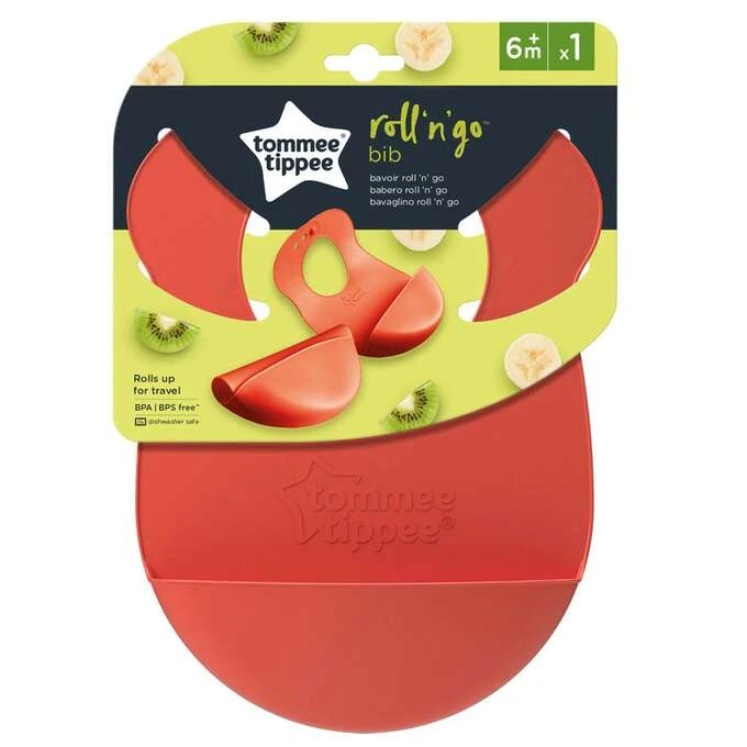 Tommee Tippee Roll & Go Silicone Baby Bib (7m+) Crumb Catcher, Easy Clean, BPA Free Orange - Tommee Tippee
