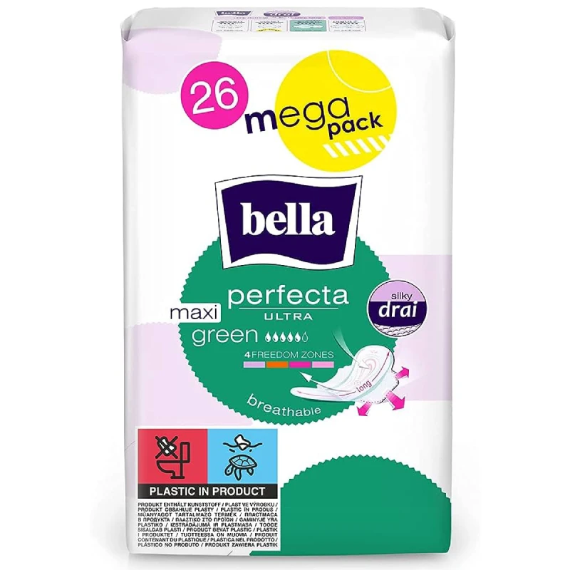 Bella Perfecta Ultra Maxi Green Silky Drai, With Wings, 26 Pieces - Bella