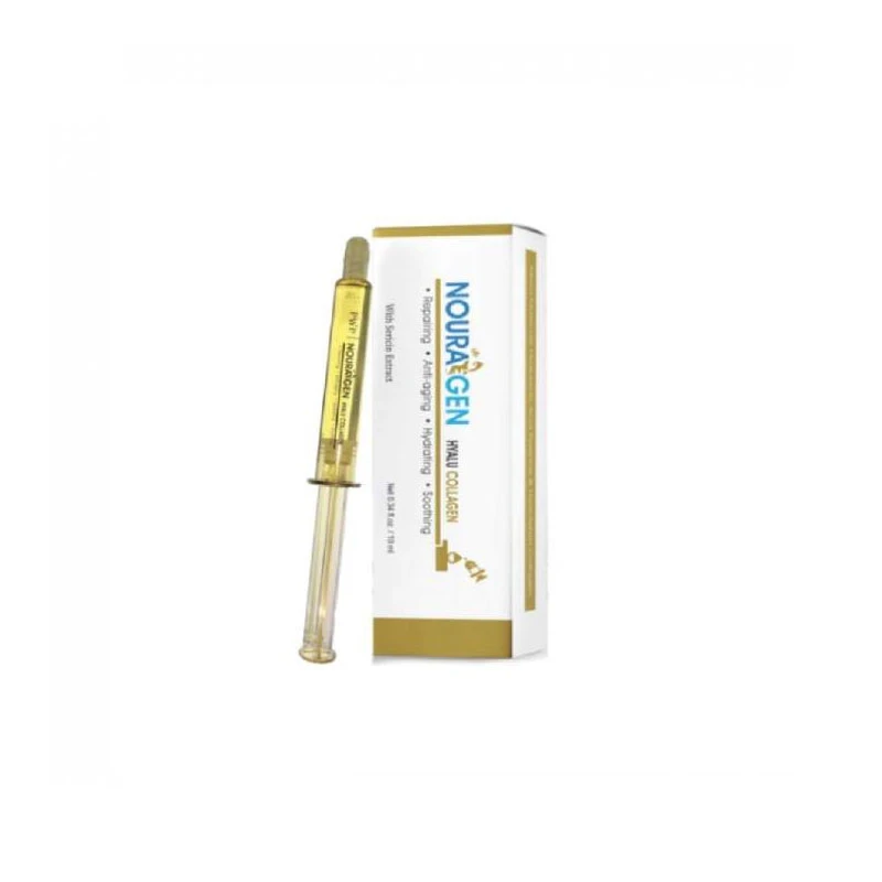 Nouragen hyalu collagen 10ml, A nourishing serum with sericin, marine collagen, hyaluronic acid, and chestnut extract helps restore skin, reduce aging signs, rebuild collagen, boost radiance, maintain hydration, and slow cell breakdown. - Nouragen