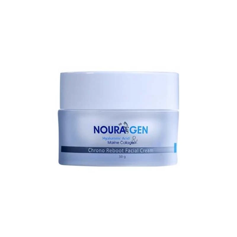 Nouragen Chrono Reboot Facial Cream 30ml, Morning/Evening cream enriched with marine collagen and hyaluronic acid for fresh, youthful skin. Grape seed extract protects cells, while alpha arbutin brightens tone and reduces spots and pigmentation. - Nouragen