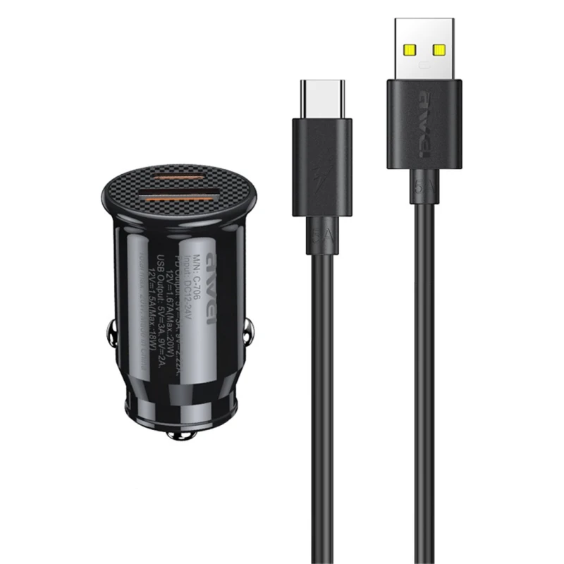 شاحن سيارة Awei C-706 20 واط + بيانات USB من النوع C - اوي