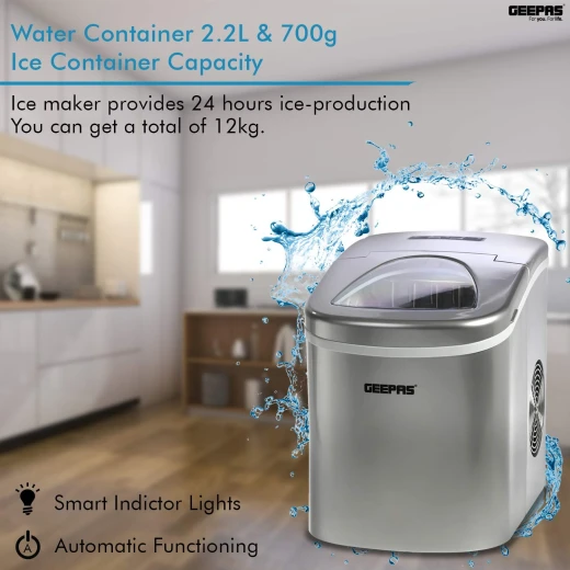 Geepas GIM63015UK Portable Automatic Ice Maker – 12Kg/24H Production, 2 Cube Sizes, 2.2L Water Tank, Auto Shut-Off, Silent Operation, Silver - GEEPAS - Image 4