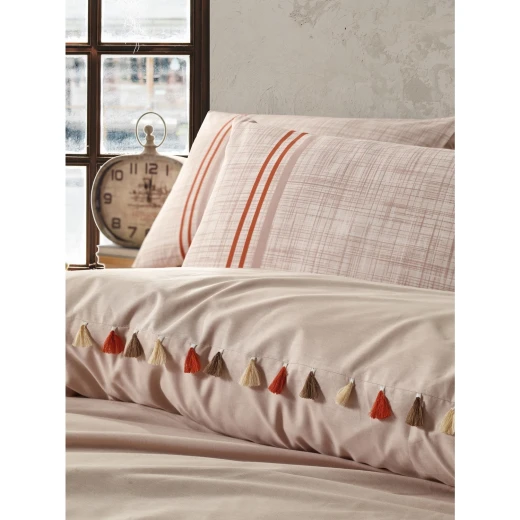 Nova home duvet cover rainforce set with tassels 100% cotton beige king size - Nova Home - Image 3