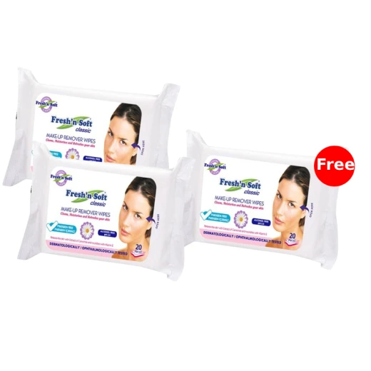 Fresh'n Soft Makeup Remover Wipes, 20 Sheets, All Skin Types, 2 Pack + 1 pack for Free Fresh'n Soft Makeup Remover Wipes, 20 Sheets, All Skin Types, 2 Pack + 1 pack for Free