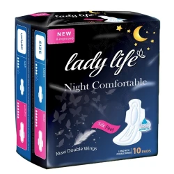 Lady Life Night Sanitary Pads,10 pads with superior absorption and extended overnight protection. Comfortable design with wings for secure fit and all-night confidence.