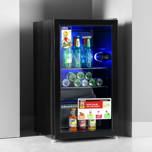 Geepas GSC1223 120L Showcase Chiller – Quick Cooling with Low-E Double Glass Door, Low Noise, Energy Efficient, Adjustable Wire Shelves, LED Interior Light, Black - GEEPAS - Image 2
