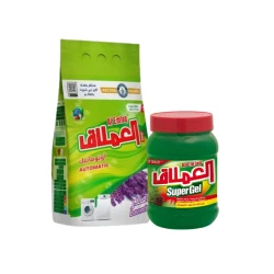 مسحوق غسيل منخفض الرغوة كيس, رائحة ال لافندر، 5 كجم + سوبر جل بالصنوبر الأخضر، 1 كجم مجاناً