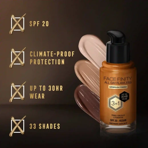 Max Factor Facefinity 3 in 1 Foundation Warm Hazelnut 30ml Long Lasting Coverage Makeup for All Skin Types - Max Factor - Image 2
