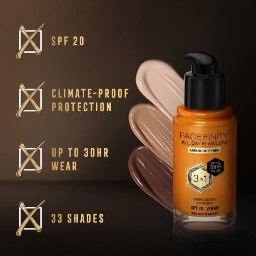 Max Factor Facefinity 3 in 1 Foundation Warm Amber Long Lasting Coverage Makeup 30ml Flawless Complexion - Max Factor - Image 4
