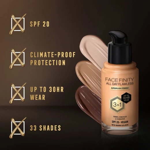 Max Factor Facefinity 3 in 1 Foundation Warm Golden Flawless Coverage Makeup 30ml - Max Factor - Image 4